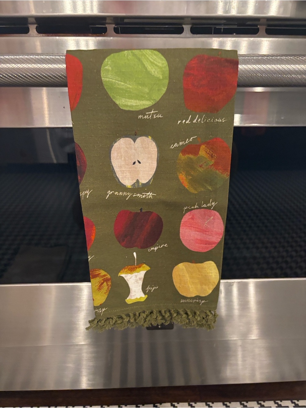 Anthropologie Olive Green Tea Towel with Multicolor Apple Accents